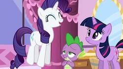 Size: 1280x720 | Tagged: safe, screencap, rarity, spike, twilight sparkle, dragon, pony, unicorn, g4, green isn't your color, ^^, adorable face, carousel boutique, curtains, cute, eyes closed, female, happy, in love, jumping, lidded eyes, male, mare, mirror, open mouth, ship:sparity, shipping, smiling, straight, unicorn twilight