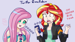 Size: 1920x1080 | Tagged: safe, artist:melliedraws, fluttershy, sunset shimmer, equestria girls, g4, blushing, dialogue, duo, female, gamer sunset, geode of fauna, human coloration, magical geodes, open mouth, phone, stars