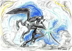Size: 1024x730 | Tagged: safe, artist:annitart, nightmare moon, pony, g4, dynamic pose, female, glowing horn, horn, scowl, solo, traditional art