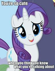 Size: 707x921 | Tagged: safe, edit, edited screencap, screencap, rarity, pony, unicorn, g4, backhanded compliment, caption, compliment, female, image macro, insulting rarity, looking at you, mare, meme, open mouth, reaction image, solo, talking to viewer, text