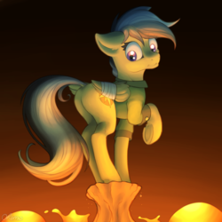 Size: 2000x2000 | Tagged: safe, artist:ohemo, daring do, pegasus, pony, g4, bandage, butt, daring donk, dock, female, high res, lava, looking back, mare, plot, raised hoof, solo, the floor is lava, underhoof, worried