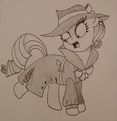 Size: 2201x2272 | Tagged: safe, artist:iffoundreturntorarity, rarity, pony, g4, atg 2019, detective rarity, high res, monochrome, newbie artist training grounds, outfit, traditional art