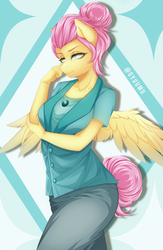 Size: 2161x3309 | Tagged: safe, artist:gyuumu, fluttershy, pegasus, anthro, fake it 'til you make it, g4, alternate hairstyle, female, high res, mare, severeshy, simple background, solo, watermark