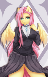 Size: 2160x3503 | Tagged: safe, artist:gyuumu, fluttershy, pegasus, anthro, fake it 'til you make it, g4, female, fluttergoth, high res, mare, simple background, solo, watermark