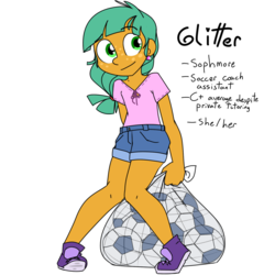 Size: 1500x1500 | Tagged: safe, artist:kryptchild, snails, equestria girls, g4, ball, clothes, cute, denim shorts, ear piercing, earring, female, football, freckles, glitter shell, jewelry, male, piercing, pronouns, shirt, shoes, shorts, sneakers, solo, sports, trans female, transgender