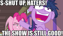 Size: 1024x576 | Tagged: safe, edit, edited screencap, screencap, pinkie pie, twilight sparkle, alicorn, pony, a trivial pursuit, g4, background pony strikes again, denial, floppy ears, impact font, meme, messy mane, op is a duck, op is trying to start shit, twilight snapple, twilight sparkle (alicorn)