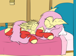 Size: 3025x2240 | Tagged: safe, artist:wapamario63, fluttershy, pegasus, pony, g4, bed, clothes, colored, cute, eyes closed, female, flat colors, folded wings, high res, leggings, mare, pillow, shyabetes, sleeping, smiling, socks, solo, wings