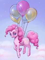Size: 1200x1600 | Tagged: safe, artist:noupie, pinkie pie, earth pony, pony, balloon, cloud, female, floating, lidded eyes, mare, solo, then watch her balloons lift her up to the sky