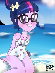 Size: 1800x2400 | Tagged: safe, artist:artmlpk, sci-twi, twilight sparkle, equestria girls, g4, beach, blushing, clothes, cute, female, flower, flower in hair, smiling, solo, swimsuit, twiabetes