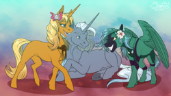 Size: 1790x1000 | Tagged: safe, artist:sunny way, oc, oc only, oc:crimson fate, oc:northern lights, oc:upbeat camelia, pegasus, pony, unicorn, rcf community, cute, female, flower, group, male, mare, open mouth, smiling, stallion