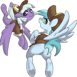 Size: 884x883 | Tagged: dead source, safe, artist:lockhe4rt, appointed rounds, rainy day, pegasus, pony, g4, background pony, butt, clothes, duo, female, flying, hat, implied wing hole, looking at you, looking back, looking back at you, mailmare, mailmare hat, mailmare uniform, mare, missing cutie mark, plot, rear view, simple background, smiling, spread wings, transparent background, underhoof, wings