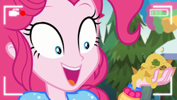 Size: 1920x1080 | Tagged: safe, screencap, pinkie pie, equestria girls, equestria girls series, five lines you need to stand in, g4, spoiler:eqg series (season 2), chips, close-up, excited, extreme close-up, female, food, nachos, open mouth, recording, selfie drone, smiling, solo, video, wide eyes