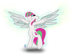 Size: 1473x1113 | Tagged: safe, artist:rainbow eevee, blossomforth, pegasus, pony, g4, atg 2019, bipedal, female, freckles, glowing wings, mare, newbie artist training grounds, open mouth, simple background, solo, spread wings, transparent background, wings
