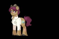 Size: 1080x720 | Tagged: safe, artist:evergreen-gemdust, snap shutter, earth pony, pony, g4, the last crusade, black background, clothes, male, scar, shirt, simple background, solo, stallion