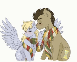 Size: 1898x1536 | Tagged: safe, artist:pastel-charms, derpy hooves, doctor whooves, time turner, earth pony, pony, g4, clothes, female, fourth doctor's scarf, kissing, male, scarf, shared clothing, shared scarf, ship:doctorderpy, shipping, simple background, straight, striped scarf, white background