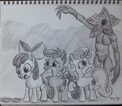 Size: 2819x2448 | Tagged: safe, artist:rockhoppr3, apple bloom, scootaloo, sweetie belle, earth pony, pony, g4, crossover, cutie mark crusaders, demogorgon, glasses, high res, implied death, implied silver spoon, monochrome, stranger things, traditional art