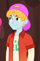 Size: 436x657 | Tagged: safe, screencap, fry lilac, equestria girls, equestria girls series, five lines you need to stand in, g4, spoiler:eqg series (season 2), background human, backwards ballcap, baseball cap, cap, clothes, cropped, hat, male, smiling, solo