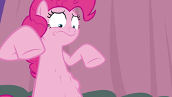 Size: 1920x1080 | Tagged: safe, screencap, pinkie pie, earth pony, pony, a trivial pursuit, g4, belly, female, hungry, looking at belly, solo, stomach growl, stomach noise