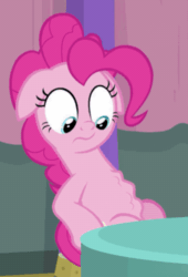 Size: 340x500 | Tagged: safe, screencap, pinkie pie, earth pony, pony, a trivial pursuit, g4, season 9, animated, belly, female, floppy ears, gif, hungry, looking at belly, mare, solo, stomach growl, stomach noise