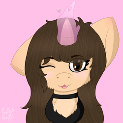 Size: 1080x1080 | Tagged: safe, artist:feelingpandy, oc, oc only, oc:serenity sweets, pony, unicorn, blushing, brown eyes, brown mane, bust, chest fluff, clothes, cute, female, magic, mare, one ear down, one eye closed, pink background, simple background, wink