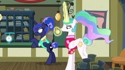 Size: 1920x1080 | Tagged: safe, screencap, princess celestia, princess luna, pony, between dark and dawn, g4, alternate hairstyle, butt, celestia is not amused, chronometer, clothes, hawaiian shirt, magic, plot, pocket watch, ponytail, post office, royal sisters, shirt, tail bun, that pony sure does love the post office, that princess sure does hate the post office, unamused, weighing scale