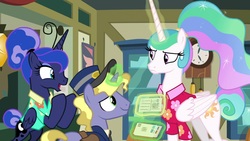 Size: 1920x1080 | Tagged: safe, screencap, ponet, princess celestia, princess luna, alicorn, pony, unicorn, between dark and dawn, g4, alternate hairstyle, celestia is not amused, clock, clothes, glowing horn, hawaiian shirt, horn, magic, mail, mailpony, ponytail, postcard, royal sisters, shirt, that pony sure does love the post office, unamused