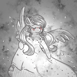 Size: 768x768 | Tagged: safe, artist:fluttershyfilly-yay, fluttershy, pegasus, pony, g4, abstract background, bipedal, blushing, clothes, dress, ear fluff, eyes closed, female, hair ornament, mare, monochrome, solo, spread wings, wings