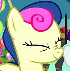 Size: 378x382 | Tagged: safe, edit, edited screencap, screencap, bon bon, rarity, sweetie drops, earth pony, pony, g4, it isn't the mane thing about you, adorabon, amused, background pony, bon bon is amused, boop, boop bon, cropped, cute, eyes closed, female, mare, scrunchy face