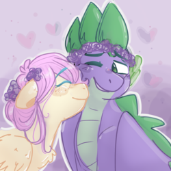 Size: 768x768 | Tagged: safe, artist:fluttershyfilly-yay, fluttershy, spike, dragon, pegasus, pony, g4, alternate hairstyle, blushing, bust, female, floral head wreath, flower, heart, male, mare, nuzzling, one eye closed, ship:flutterspike, shipping, smiling, straight, winged spike, wings