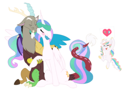 Size: 5360x3883 | Tagged: safe, artist:chub-wub, discord, princess celestia, oc, alicorn, draconequus, pony, unicorn, g4, absurd resolution, eyes closed, female, heart, holding hooves, horn, intertwined tails, male, mare, open mouth, open smile, ship:dislestia, shipper on deck, shipping, simple background, sitting, smiling, straight, transparent background, trio, unicorn oc