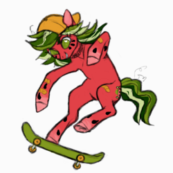 Size: 737x737 | Tagged: safe, artist:novuerau, oc, oc only, oc:watermelon wipeout, earth pony, pony, baseball cap, cap, hat, skateboard, skateboarding, solo
