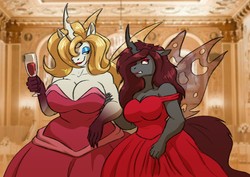 Size: 1280x906 | Tagged: safe, artist:pyc-art, oc, oc only, oc:aurora industry (ic), oc:victoria indy(ic), changeling, anthro, alcohol, big breasts, breasts, changeling oc, cleavage, clothes, dress, duo, female, mother and daughter, red changeling, white changeling, wine