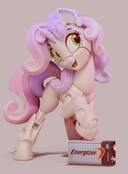 Size: 1757x2374 | Tagged: safe, artist:shuxer59, artist:v747, sweetie belle, pony, robot, robot pony, g4, 3d, battery, cute, diasweetes, energizer, female, freckles, looking at you, open mouth, simple background, smiling, solo, sweetie bot, wireframe