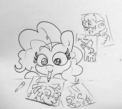 Size: 1479x1330 | Tagged: safe, artist:tjpones, applejack, pinkie pie, rarity, twilight sparkle, earth pony, pony, g4, balloon, drawing, female, grayscale, mare, monochrome, mouth hold, pencil, pencil drawing, simple background, solo focus, traditional art, wahaha, yeehaw