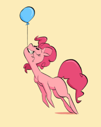 Size: 643x805 | Tagged: safe, artist:fluttershythekind, pinkie pie, earth pony, pony, g4, balloon, cute, diapinkes, female, floating, mare, mouth hold, orange background, simple background, solo, then watch her balloons lift her up to the sky, yellow background
