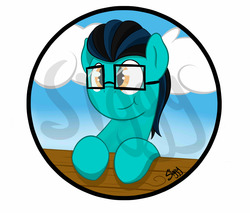 Size: 4172x3549 | Tagged: safe, artist:siggyderp, oc, oc only, oc:pounce-aid, earth pony, pony, button, button design, glasses, male, signature, smiling, solo, stallion, watermark