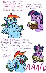 Size: 603x954 | Tagged: safe, artist:jargon scott, rainbow dash, twilight sparkle, pegasus, pony, comic:hotel rainbow, g4, abdominal bulge, all the way through, book, comic, dialogue, duo, female, hoof hold, implied fluttershy, infestation, male, mare, simple background, simpsons did it, story in the comments, tentacle infestation, tentacles, the simpsons, white background
