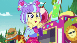Size: 800x450 | Tagged: safe, screencap, supernova zap, equestria girls, g4, lost and pound, lost and pound: fluttershy, my little pony equestria girls: choose your own ending, animated, burger, cute, excited, fangirling, female, food, food truck, french fries, gif, hamburger, happy, outdoors, smiling, solo, squee, su-z, su-z-betes