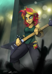 Size: 2480x3508 | Tagged: safe, artist:gabbslines, sunset shimmer, human, equestria girls, g4, clothes, concert, crowd, devil horn (gesture), female, guitar, heavy metal, high res, metal, musical instrument, pants, playing, signature, silhouette, spiked wristband, sunset shredder, wristband