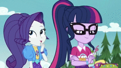 Size: 1280x720 | Tagged: safe, screencap, rarity, sci-twi, twilight sparkle, equestria girls, equestria girls series, g4, lost and pound, spoiler:choose your own ending (season 2), spoiler:eqg series (season 2), animated, bolero jacket, female, geode of shielding, glasses, implied spike, lost and pound: spike, magical geodes, ponytail, sci-twi is best facemaker, smug, smuglight sparkle, sound, webm