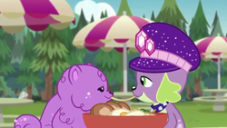 Size: 1280x720 | Tagged: safe, screencap, princess thunder guts, spike, spike the regular dog, dog, equestria girls, equestria girls series, g4, lost and pound, spoiler:choose your own ending (season 2), spoiler:eqg series (season 2), cute, female, food, lady and the tramp, lost and pound: spike, male, noodles, ramen, romance, shipping, spike's dog collar, spike's festival hat, spunder, straight