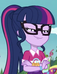 Size: 548x712 | Tagged: safe, screencap, sci-twi, twilight sparkle, equestria girls, g4, lost and pound, lost and pound: spike, my little pony equestria girls: choose your own ending, cropped, faic, female, glasses, ponytail, sci-twi is best facemaker, smug, smuglight sparkle, solo, you like krabby patties don't you squidward?