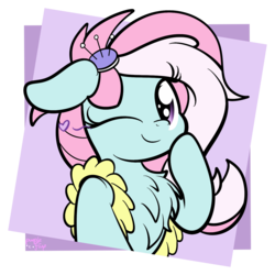 Size: 1386x1386 | Tagged: dead source, safe, artist:php142, kerfuffle, pegasus, pony, g4, rainbow roadtrip, chest fluff, clothes, cute, female, fufflebetes, heart, looking at you, one eye closed, pincushion, simple background, smiling, solo, transparent background, wink