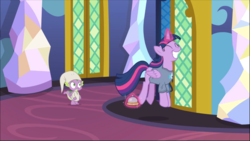 Size: 1375x774 | Tagged: safe, screencap, spike, twilight sparkle, alicorn, dragon, pony, a trivial pursuit, g4, cropped, excited, eyes closed, female, glowing horn, hat, horn, levitation, magic, male, nightcap, nightshirt, prancing, smiling, telekinesis, twilight sparkle (alicorn), winged spike, wings
