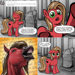 Size: 1602x1602 | Tagged: safe, artist:verulence, oc, oc only, oc:pun, earth pony, pony, ask pun, ask, descriptive noise, female, flehmen response, fourth wall, hoers, horse noises, horses doing horse things, mare, neigh, realistic, rosetta stone, solo
