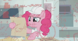Size: 588x313 | Tagged: safe, screencap, pinkie pie, earth pony, pony, g4, the last laugh, animated, clothes, female, gif, lab coat, math, mawshot, nose in the air, open mouth, paper, thinking, uvula
