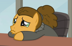 Size: 574x370 | Tagged: safe, screencap, cheese sandwich, earth pony, pony, the last laugh, clothes, crying, cute, diacheeses, male, man bun, office, puppy dog eyes, sad, sadorable, sweater
