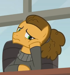 Size: 879x937 | Tagged: safe, screencap, cheese sandwich, earth pony, pony, g4, the last laugh, bored, clothes, male, man bun, office, ponytail, sweater