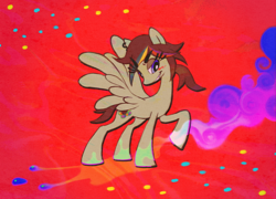 Size: 2022x1452 | Tagged: safe, artist:littmosa, oc, beetle, pegasus, pony, mucilage, piercing, red background, simple background, smiling, smoke, speckled, spread wings, wings