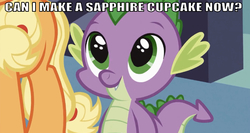 Size: 640x340 | Tagged: safe, edit, edited screencap, editor:undeadponysoldier, screencap, applejack, spike, dragon, earth pony, pony, series:spikebob scalepants, g4, spike at your service, female, implied sapphire cupcake, krusty krab training video, looking at you, male, mare, reference, spongebob squarepants, talking to viewer